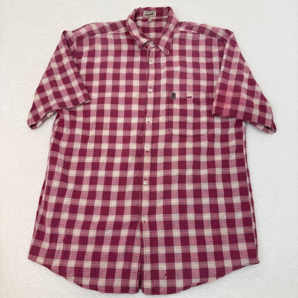 Vintage Guess Pink Checkered Tic Tac Toe Shirt Mens L Plaid Casual Preppy